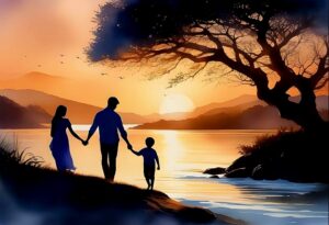부모가-아이와-손을잡고-수속을-산책하고-있다