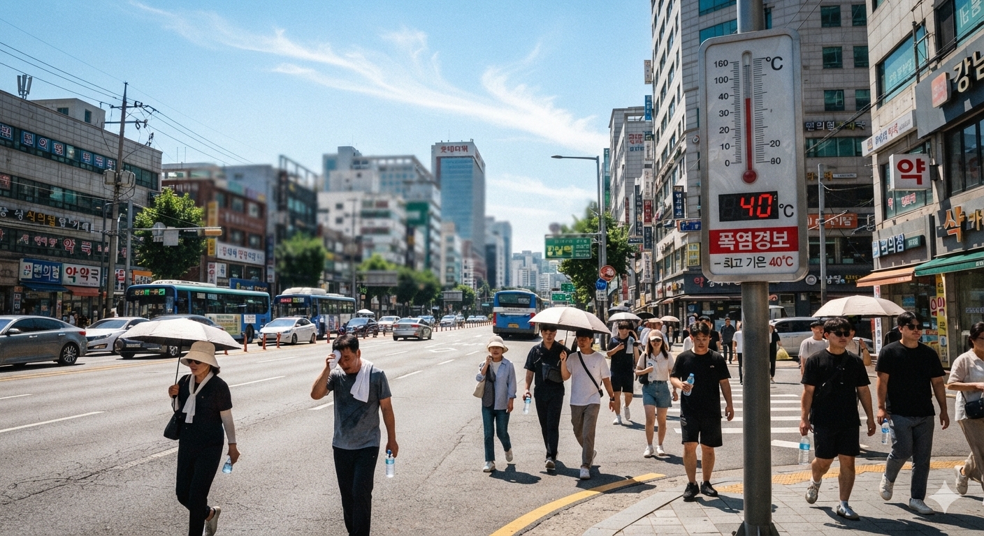 폭염 경보속에 사람들이 도시거리를 걷고 있다