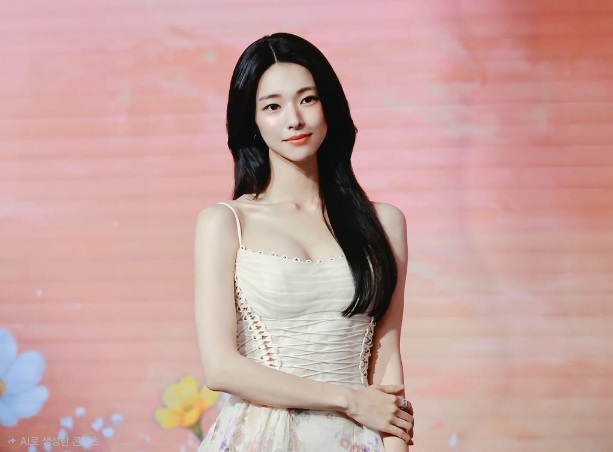 배우 하영이 오픈숄더 드레스를 입고 정면을 바라보고 있다