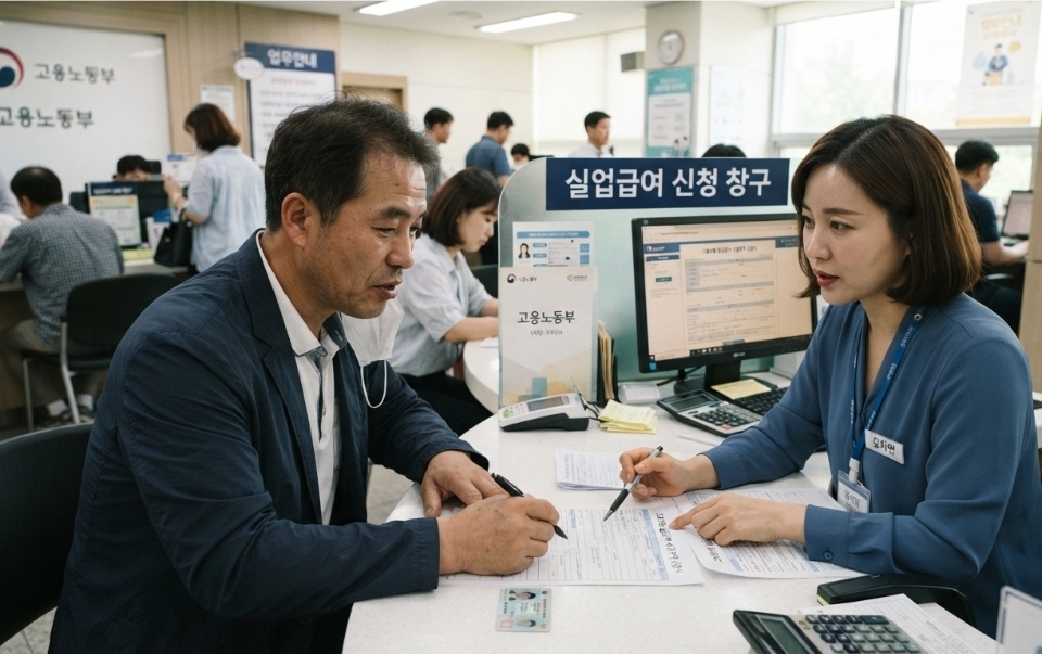 중년 실업남자가 노동청에서 고용보험금을 신청하기 위해 직원과 상담을 하고 있다