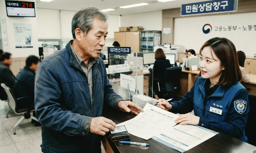 50대근로자가-노동청에서-여직원과-상담하며-체불진정신청을-카운터에서-하고있다