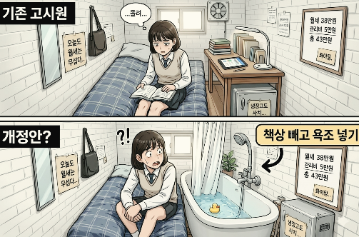 여학생이-욕조가-있는-고시원-침대위에-앉ㅈ아서-어두운-표정으로-집걱정을-하고있다