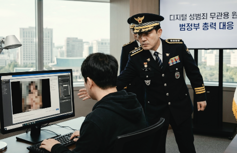경찰2명이-컴퓨터를-보고있는-디지털성범죄자를-단속하고-있다