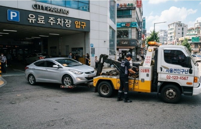 견인차가 불법주차 차량을 견인하고 있다