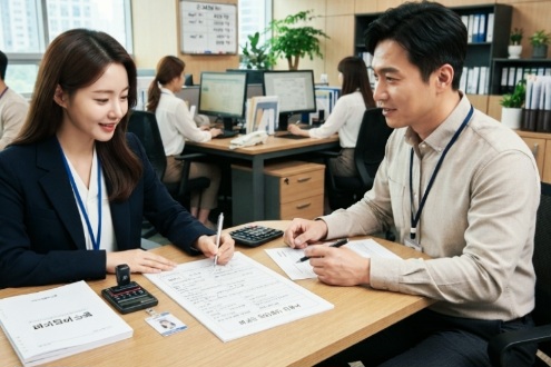 여직원이 총무과에서 퇴직금 중간정산 신청을 하고 있다