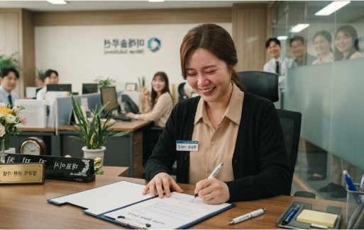 실업급여 수급중 재취업에 성공하여 계약서에 사인하고 있다