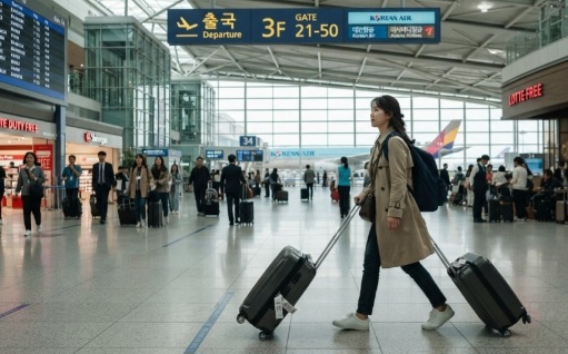 해외여행 출국장으로 캐리어를 끌고 가는 근로자